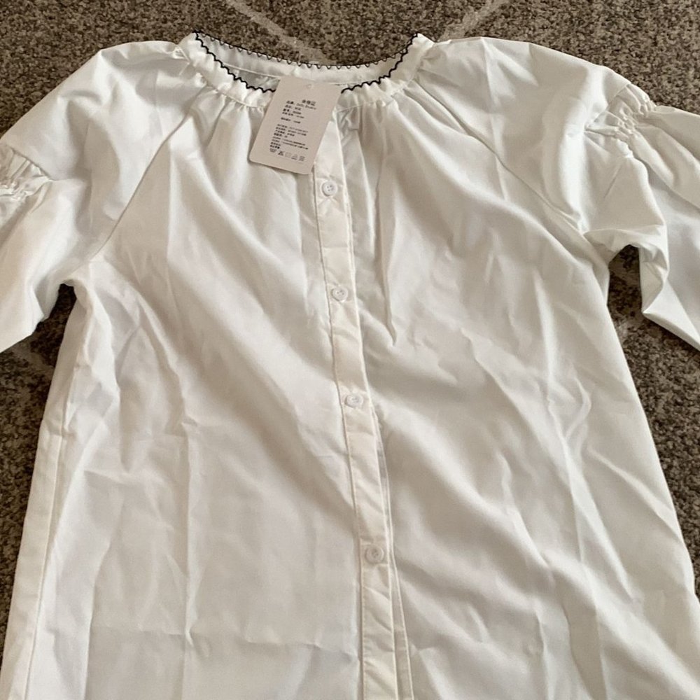 Duwnie - Button-Up Balloon-Sleeve Blouse / Patterned Button-Up Knit Vest [Blouse